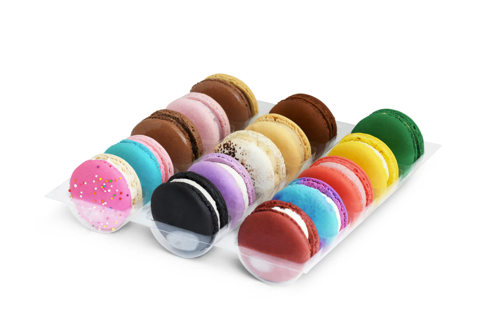 Assorted colorful macarons in a clear container on a white background Main image