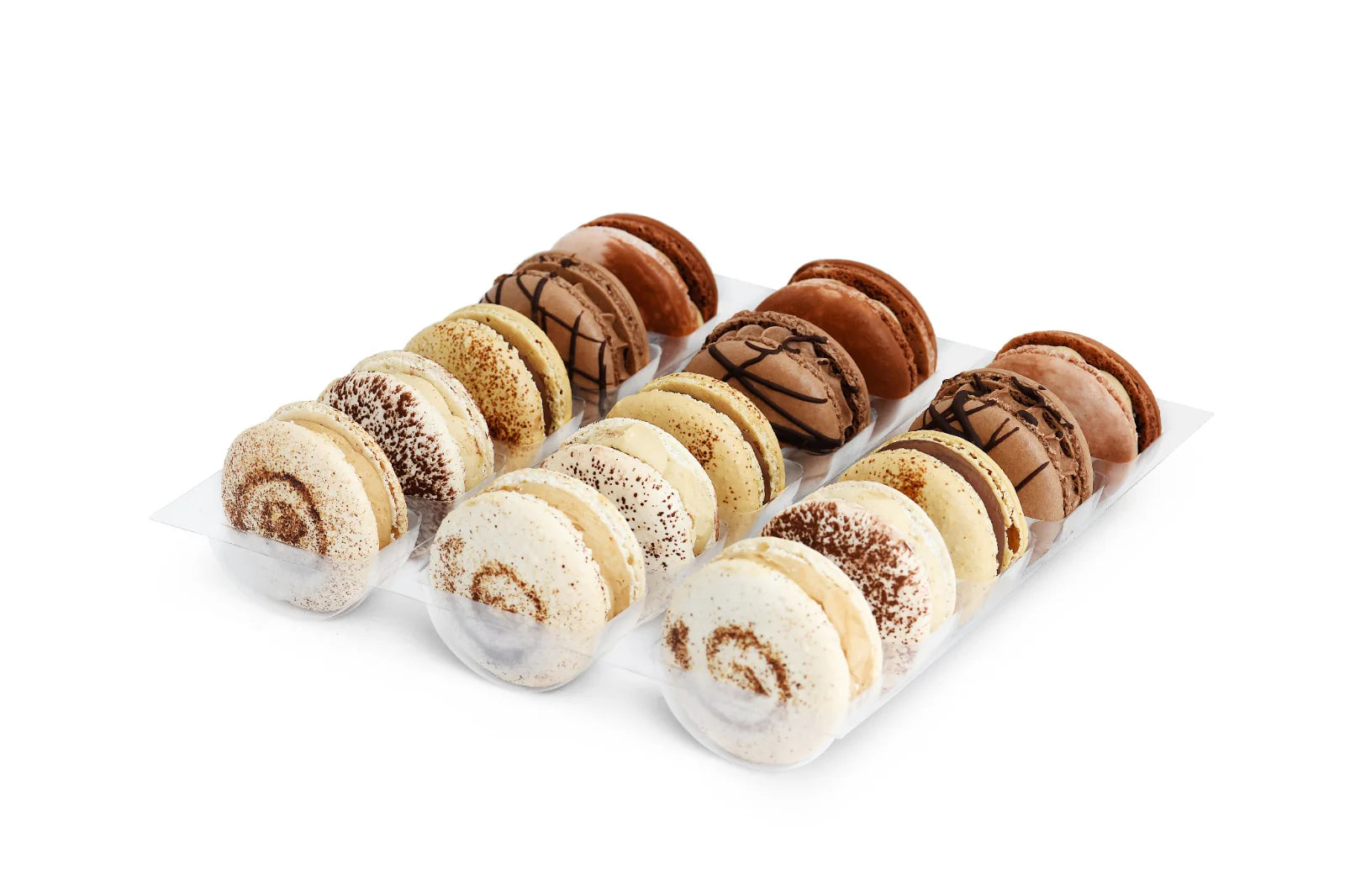 Assorted macaron cookies in a clear container on a white background Main image