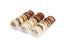 Assorted macaron cookies in a clear container on a white background
