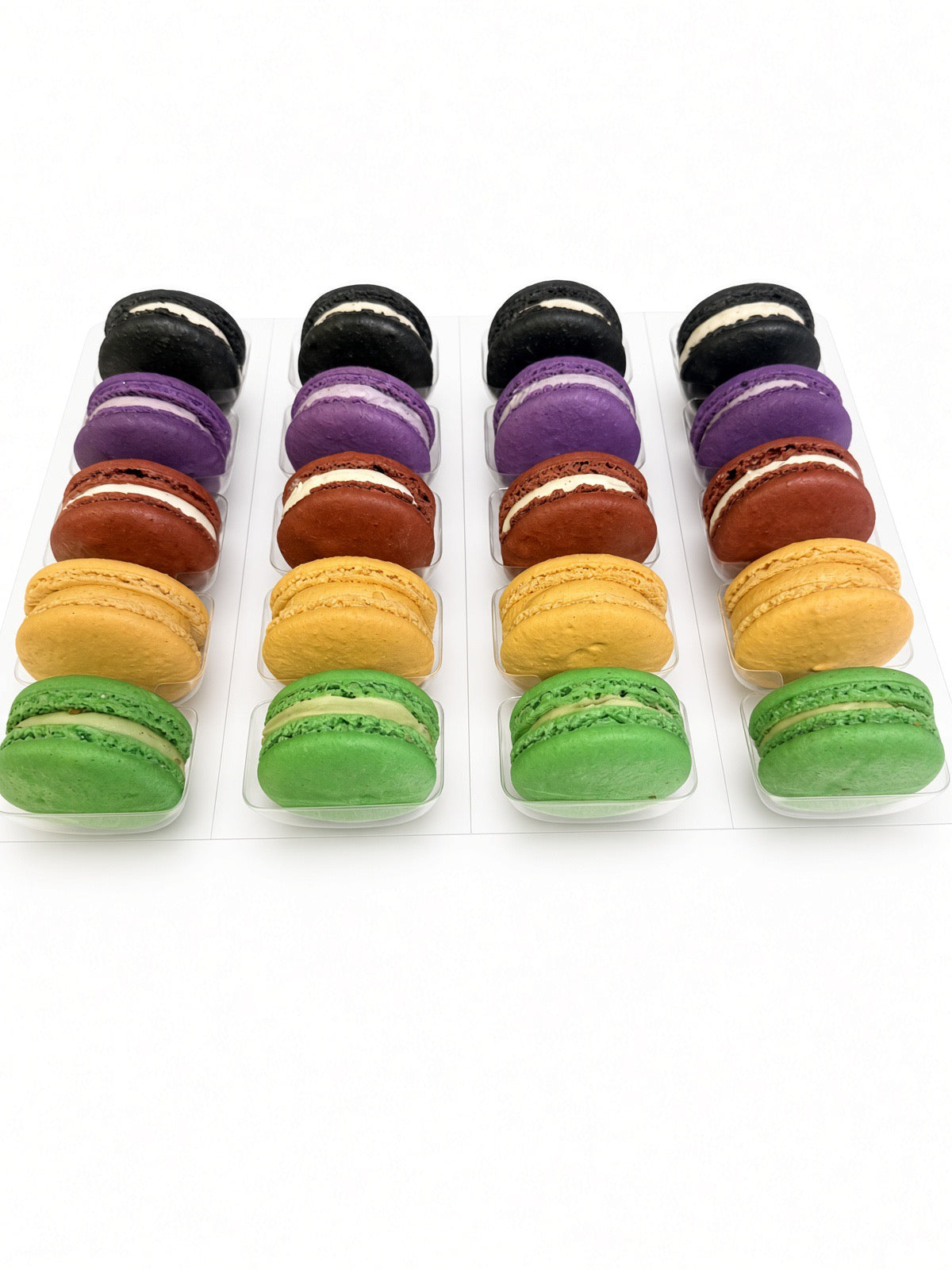 Halloween Box of 20 macarons in rows of black, purple, red, orange and green