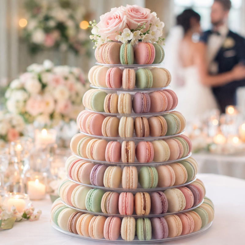 macaron towers for weddings displayed as an elegant alternative to cake