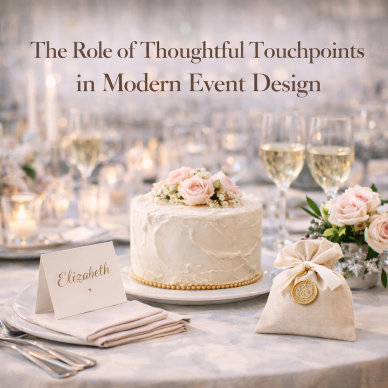 thoughtful touchpoints in modern event design featuring an elegant cake and refined table details