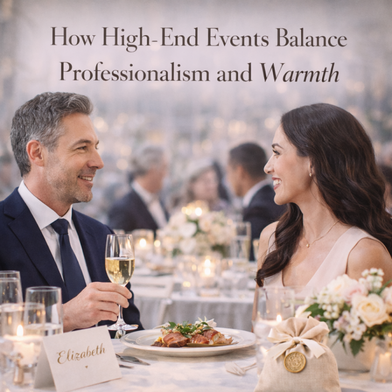 high-end events balancing professionalism and warmth through elegant dining and guest interaction