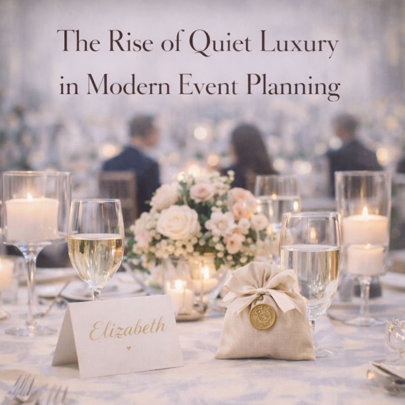 quiet luxury in modern event planning featuring elegant table styling, soft candlelight, and refined guest details