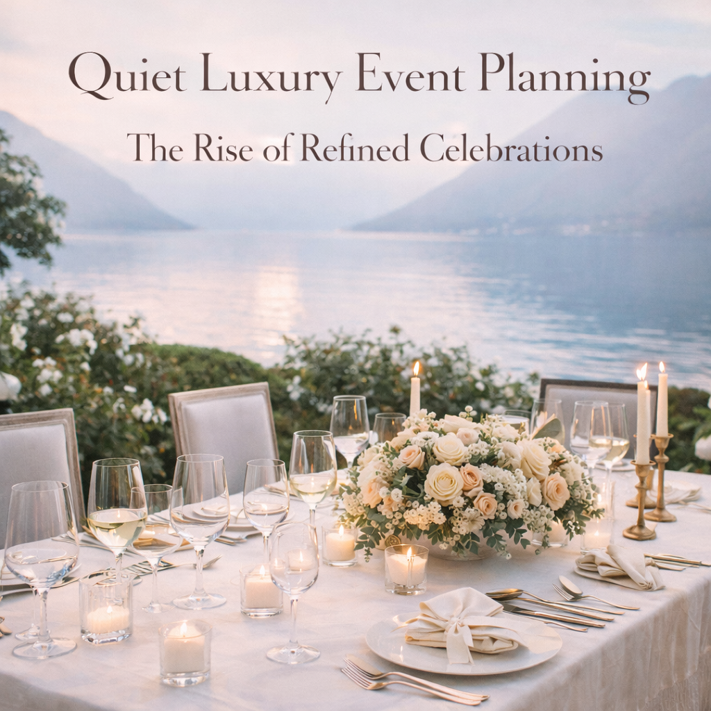 quiet luxury event planning showcased through elegant lakeside table styling and refined celebration details