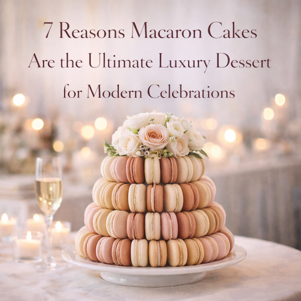 macaron cakes styled as a luxury tiered dessert centerpiece for modern celebrations