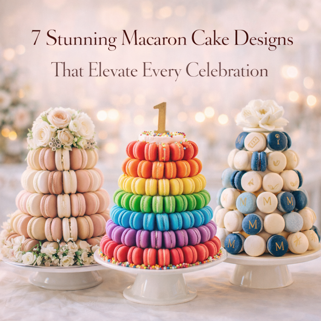 macaron cake designs showcasing floral, rainbow, and corporate themed luxury celebration desserts