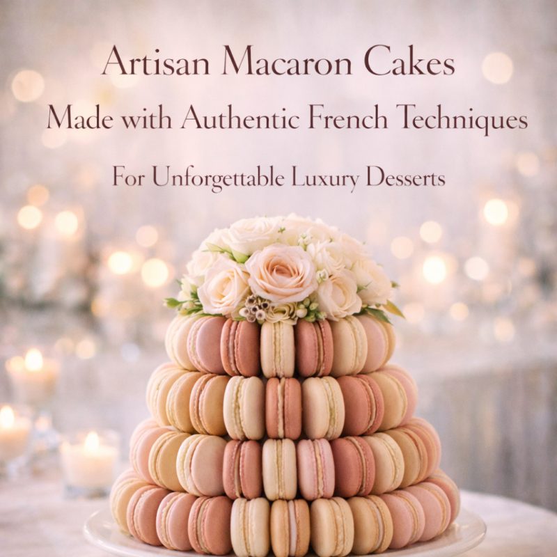 artisan macaron cakes made with authentic French techniques displayed as a luxury tiered dessert centerpiece