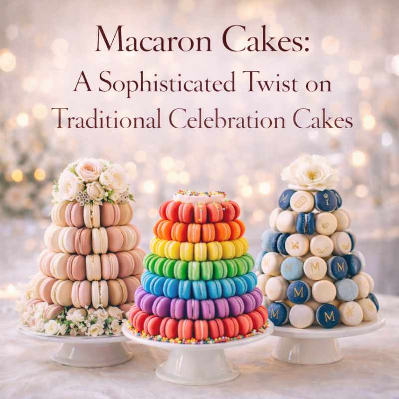 macaron cakes arranged as an elegant luxury alternative to traditional celebration cakes